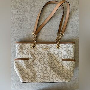 Calvin Klein Cream Logo Tote with Tan Trim and Gold Hardware